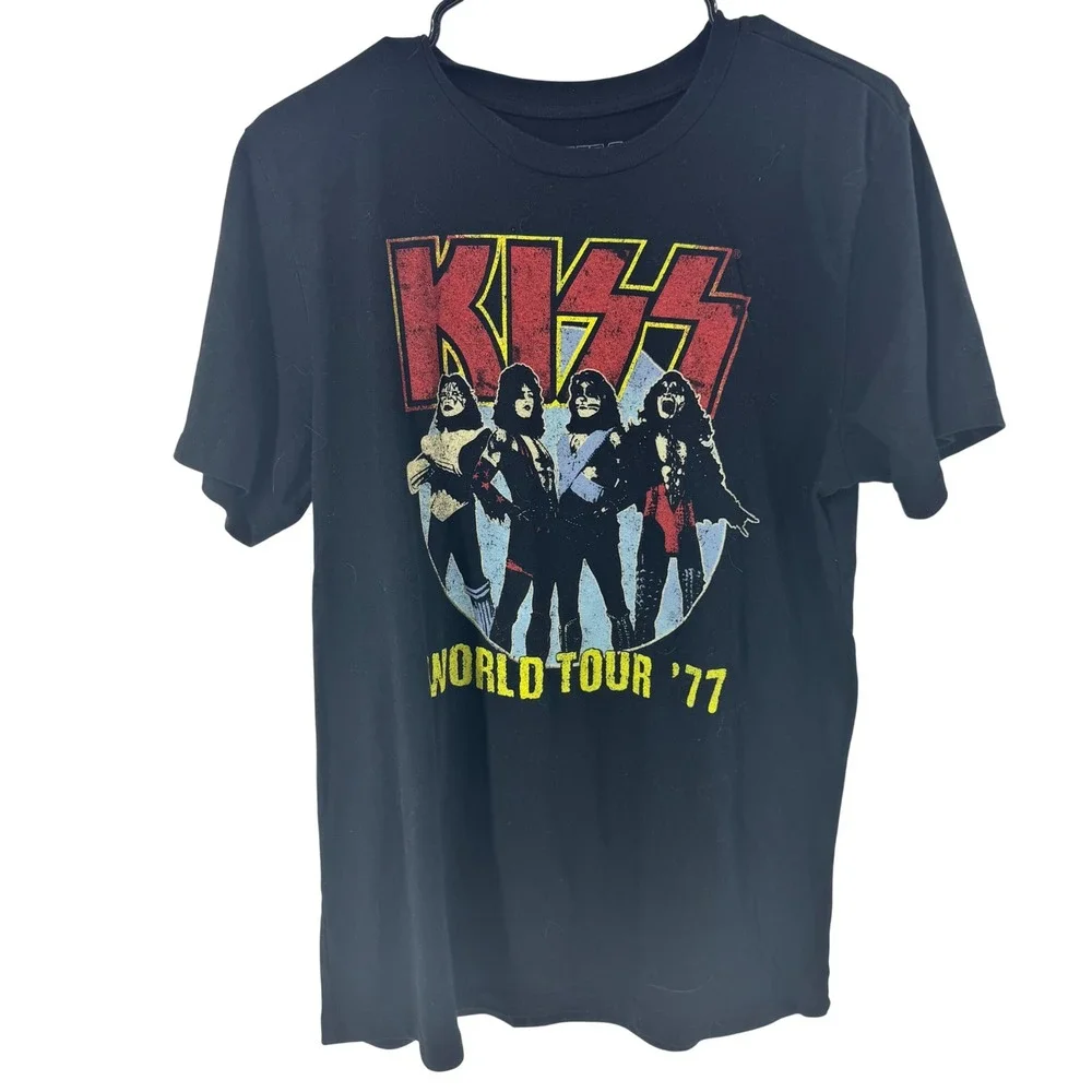 KISS World Tour 77 Graphic T-Shirt‎ Mens Large Black Rock Band Short Sleeve Tee